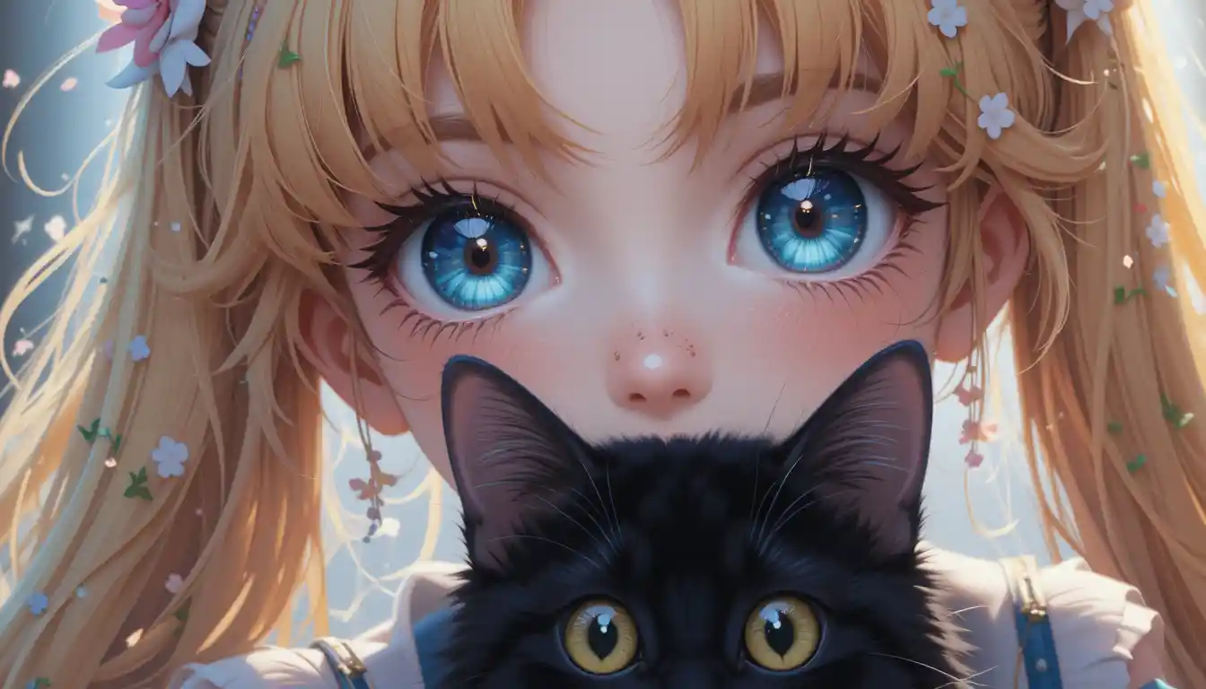 Anime girl and black cat in soft dreamy portrait