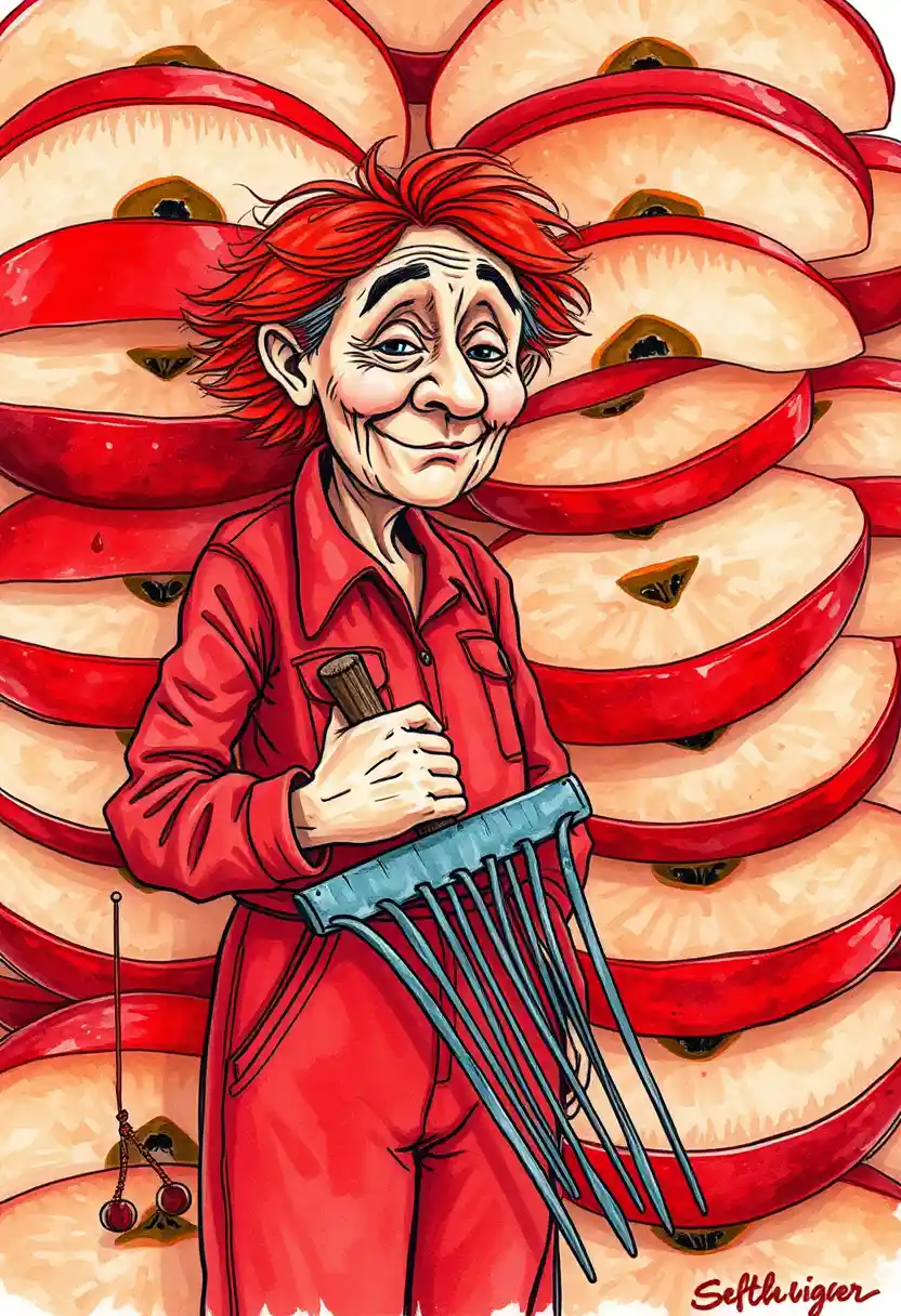 Old woman with rake in red jumpsuit doodle art