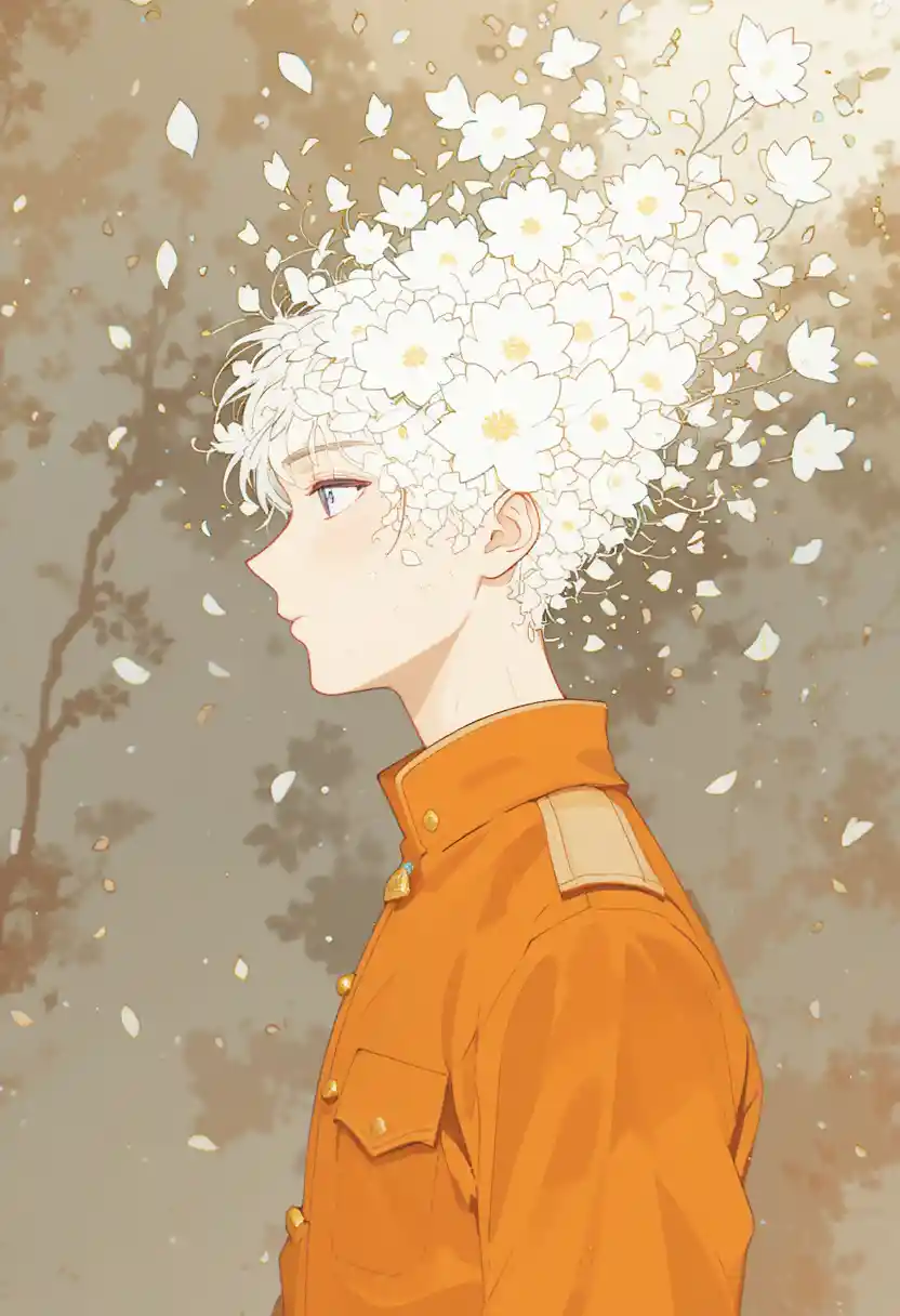 Manga boy in orange uniform dissolving into white flower petals