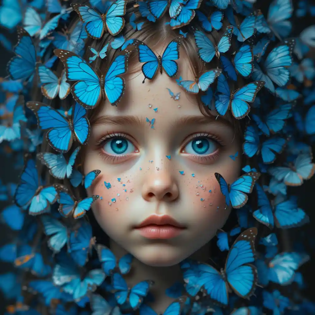 Child eyes transforming into blue butterflies of memories