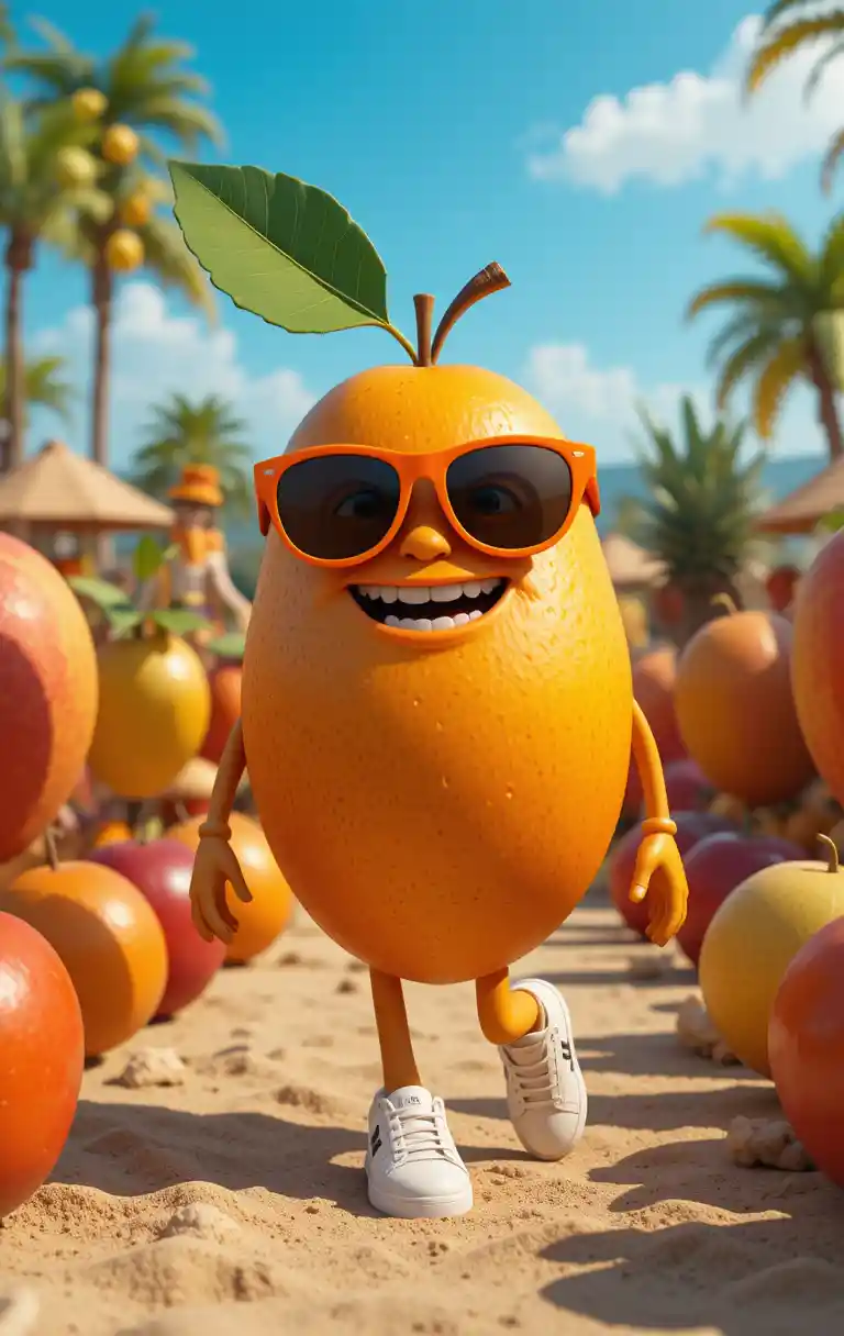 Anthropomorphic Mango In Sunglasses Walking Through Fruit Crowd