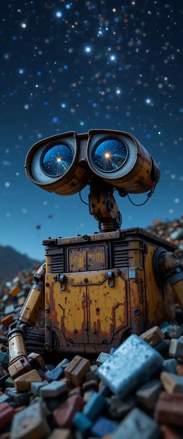 Rusty robot eyes reflecting a distant starry sky