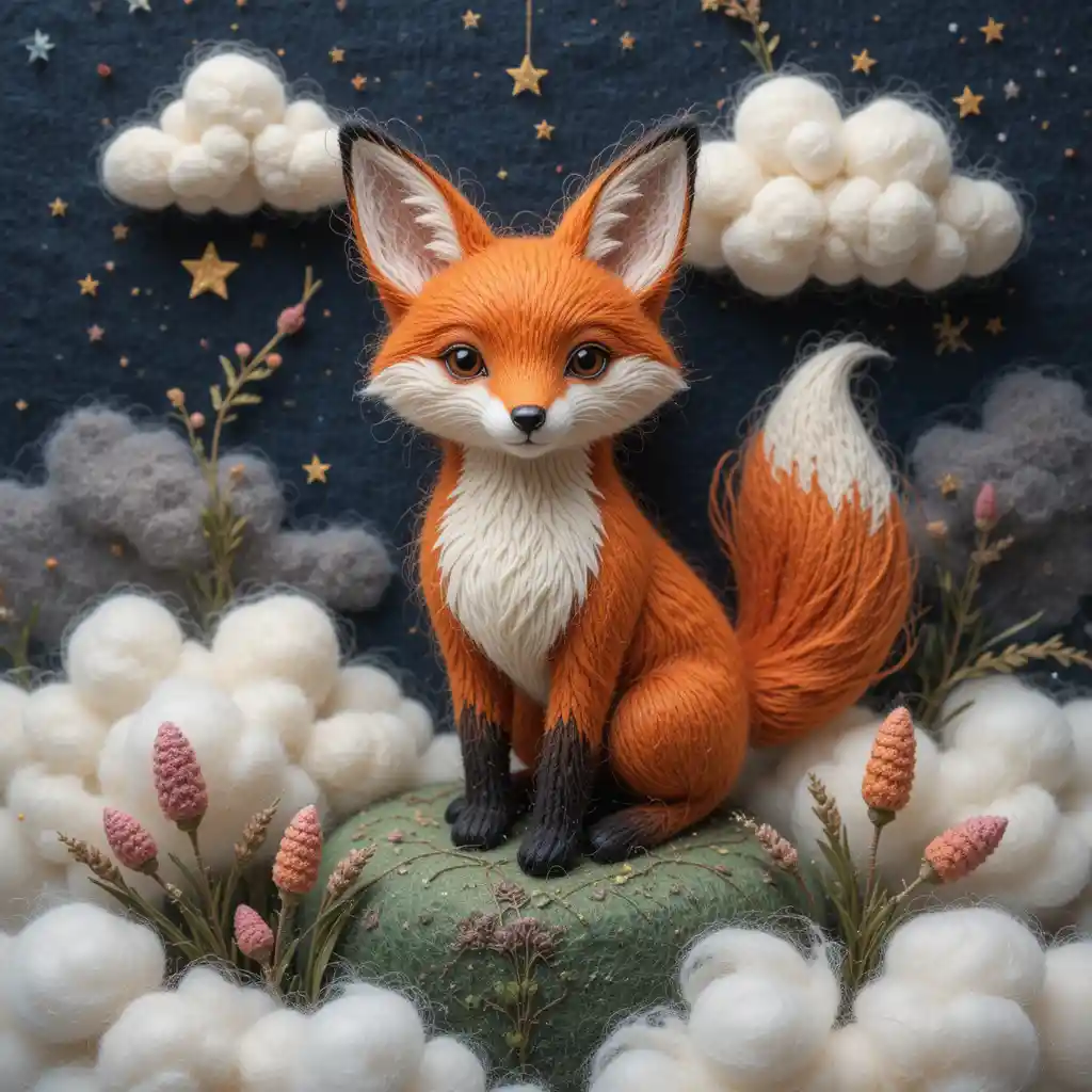 Handcrafted Felt Fox Lovers In Soft Night Wool Clouds