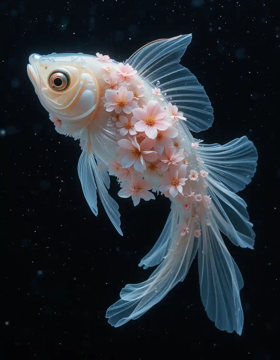 Transparent fish with flowers on a dark glitter background