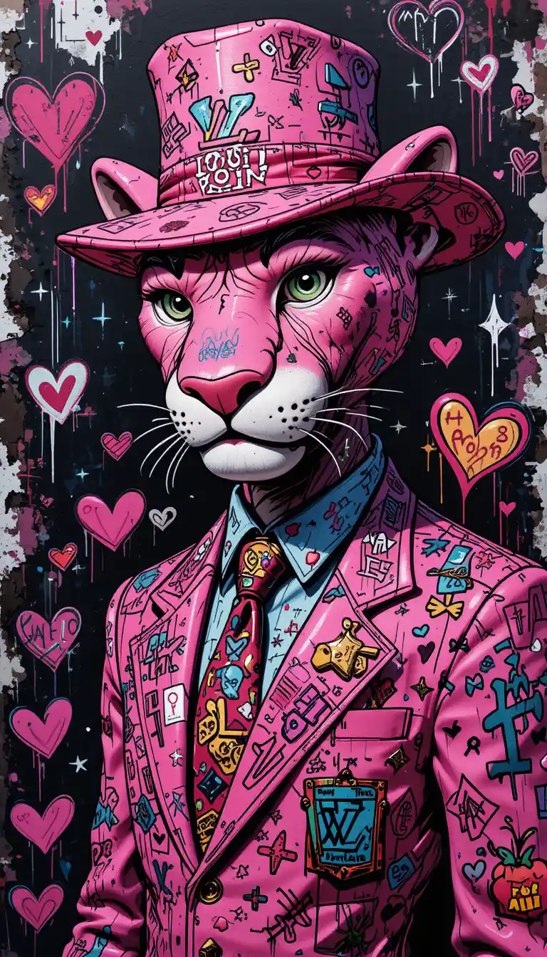 Pink cartoon panther in a stylish suit on dark background