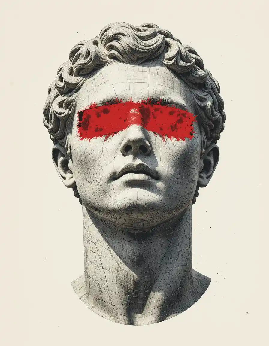 Distressed print of tilted male limestone bust with redacted eyes