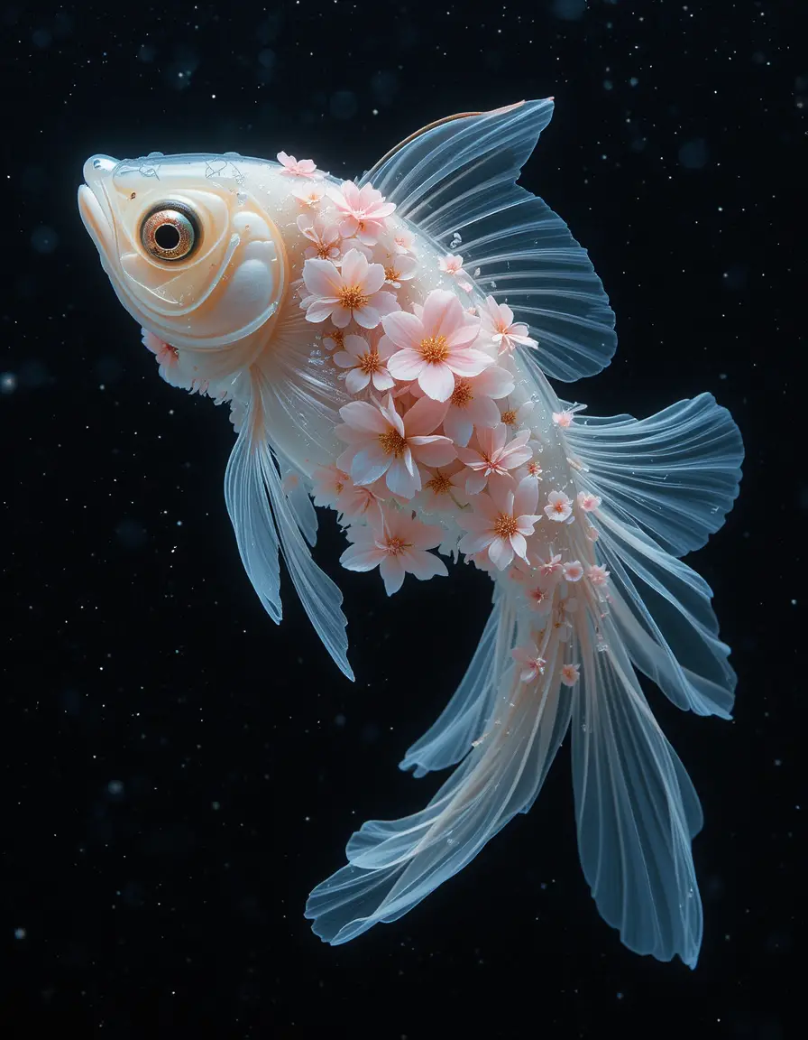 Transparent fish with flowers on a dark glitter background