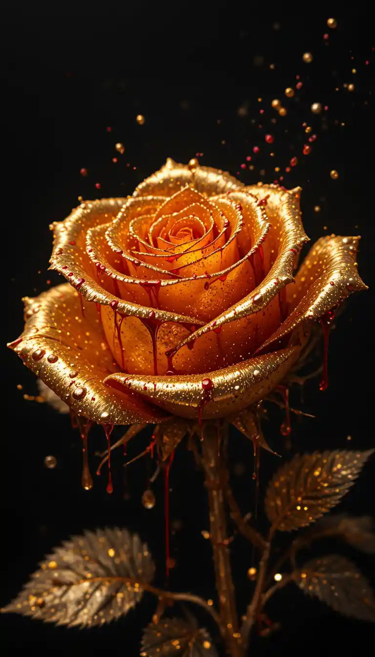 Gold rose with red metallic droplets on black background