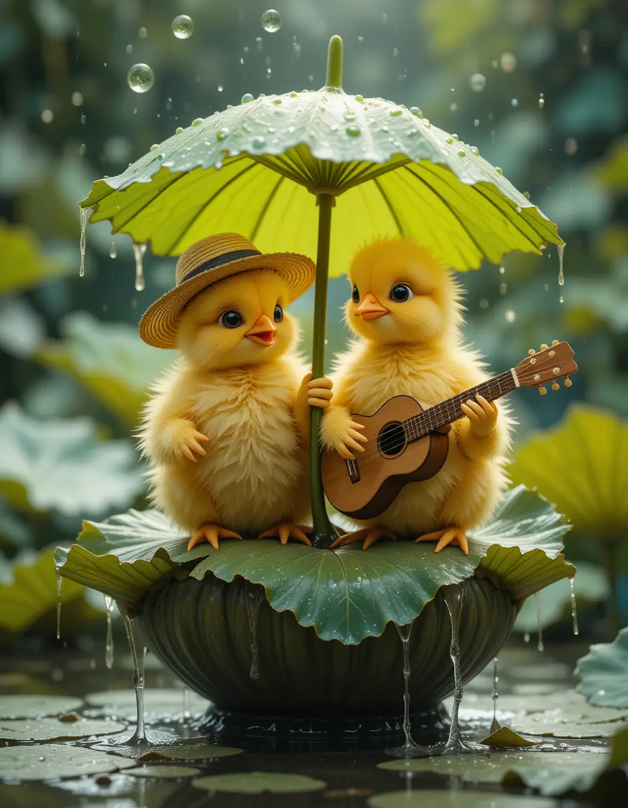 Cute baby chicks with lotus leaf umbrella by jungle pond