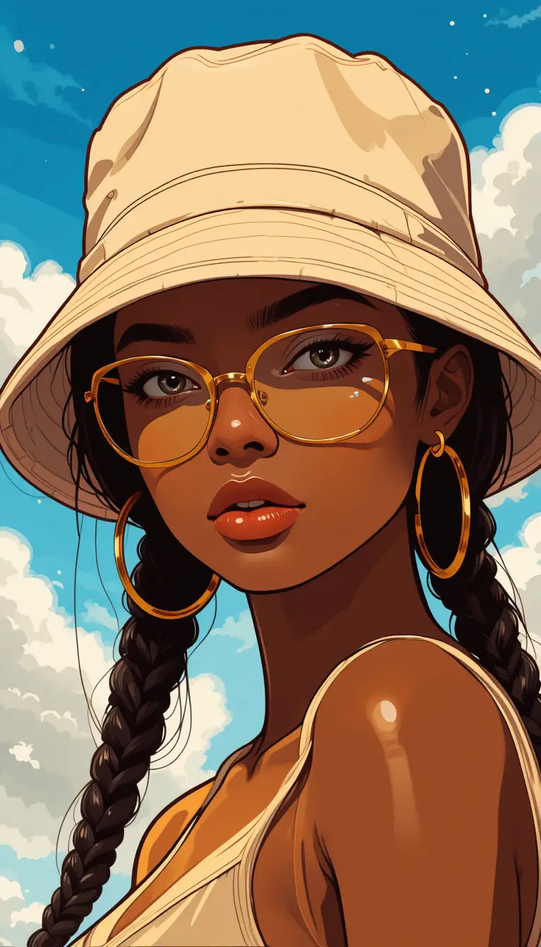 Young Black woman in bucket hat under bright blue sky