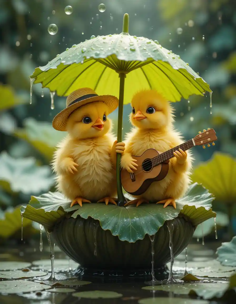 Cute baby chicks with lotus leaf umbrella by jungle pond