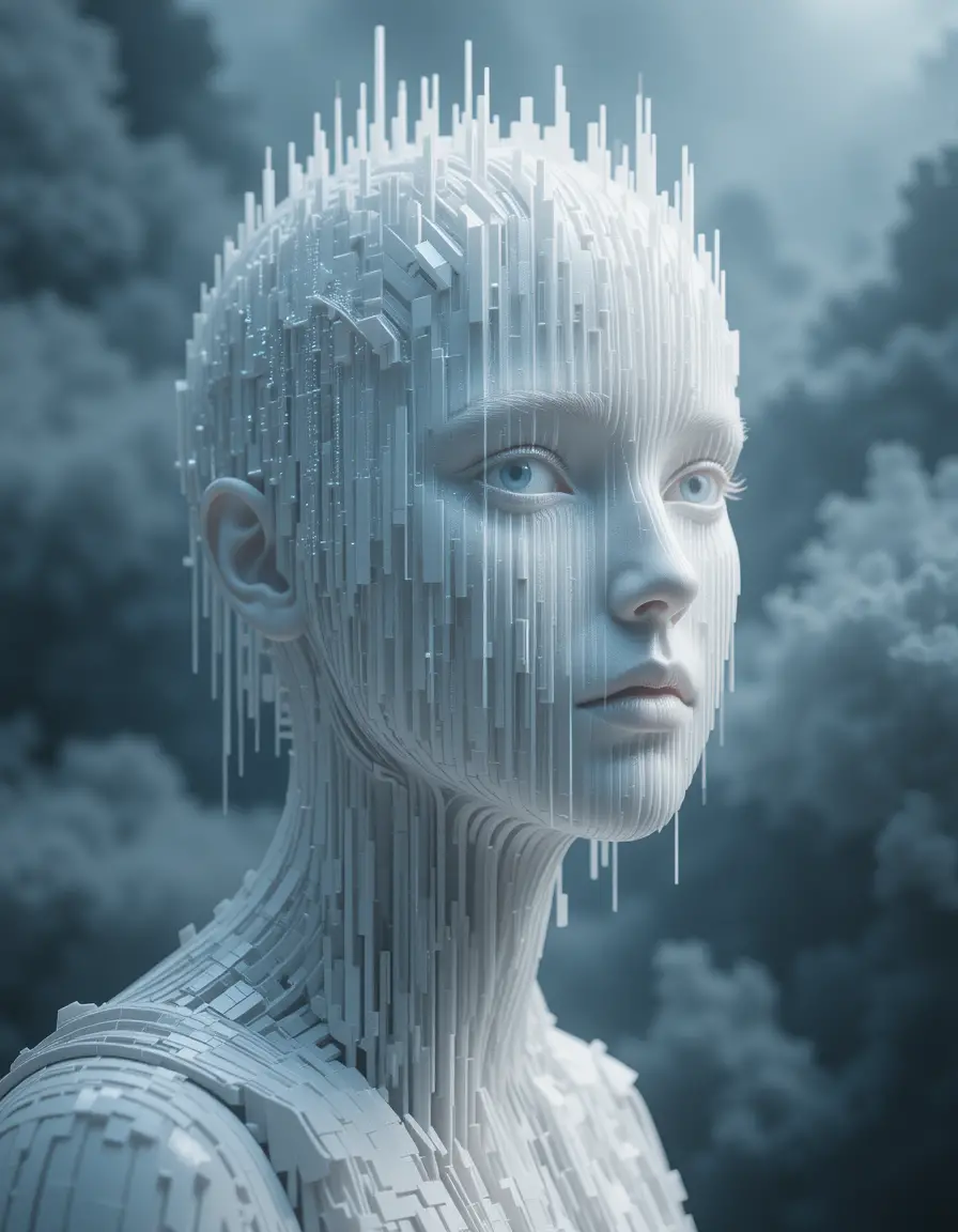 Abstract human head in glitch art holographic style