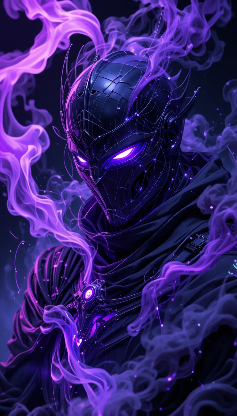 Dark anime knight with glowing violet eyes and aura