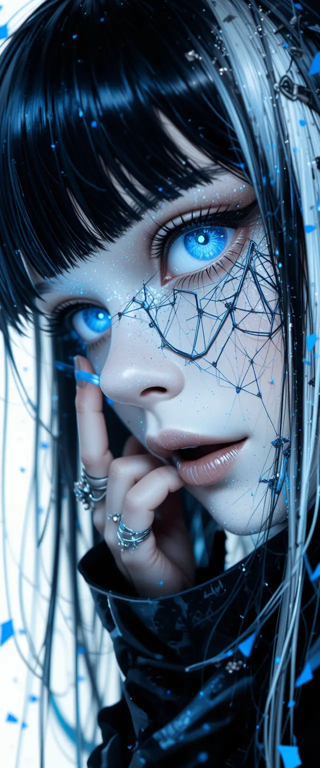 Anime woman in gothic fashion with intense blue eyes