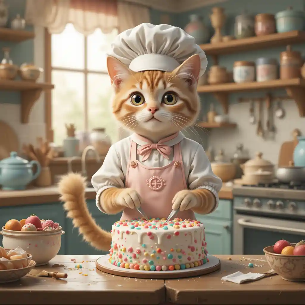 Cute cat pastry chef baking in a cozy vintage kitchen