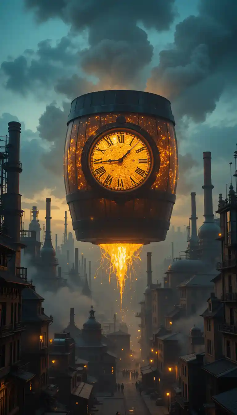 Steampunk city brewery with glowing floating beer barrel
