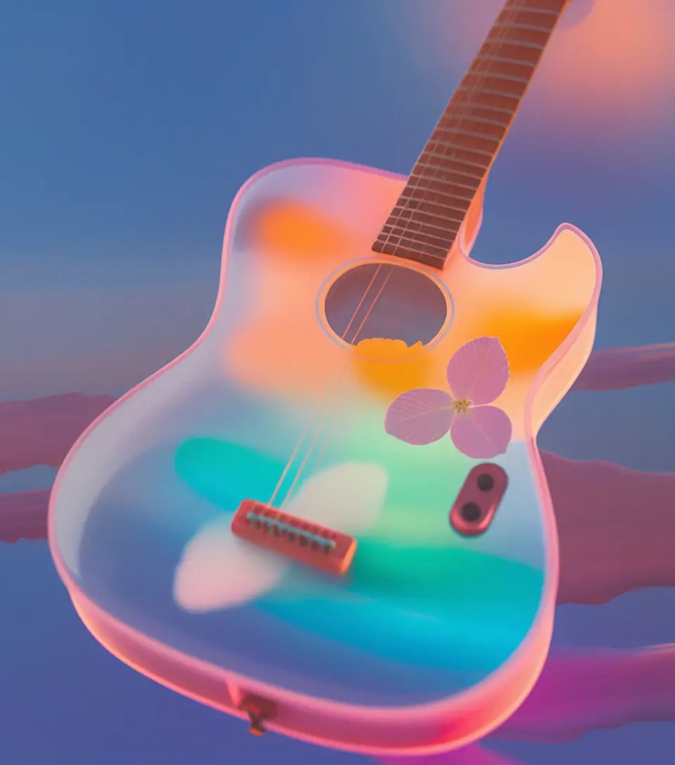Close up transparent plastic guitar with motion blur