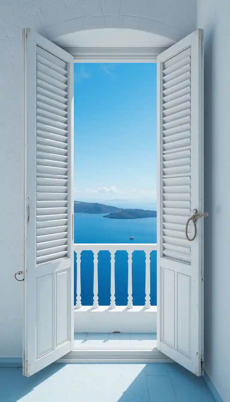 White balcony shutters opening to a bright Aegean seascape