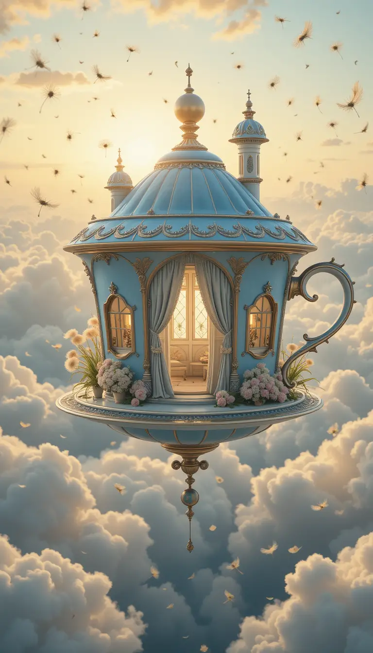 Floating pastel teacup house above glowing clouds