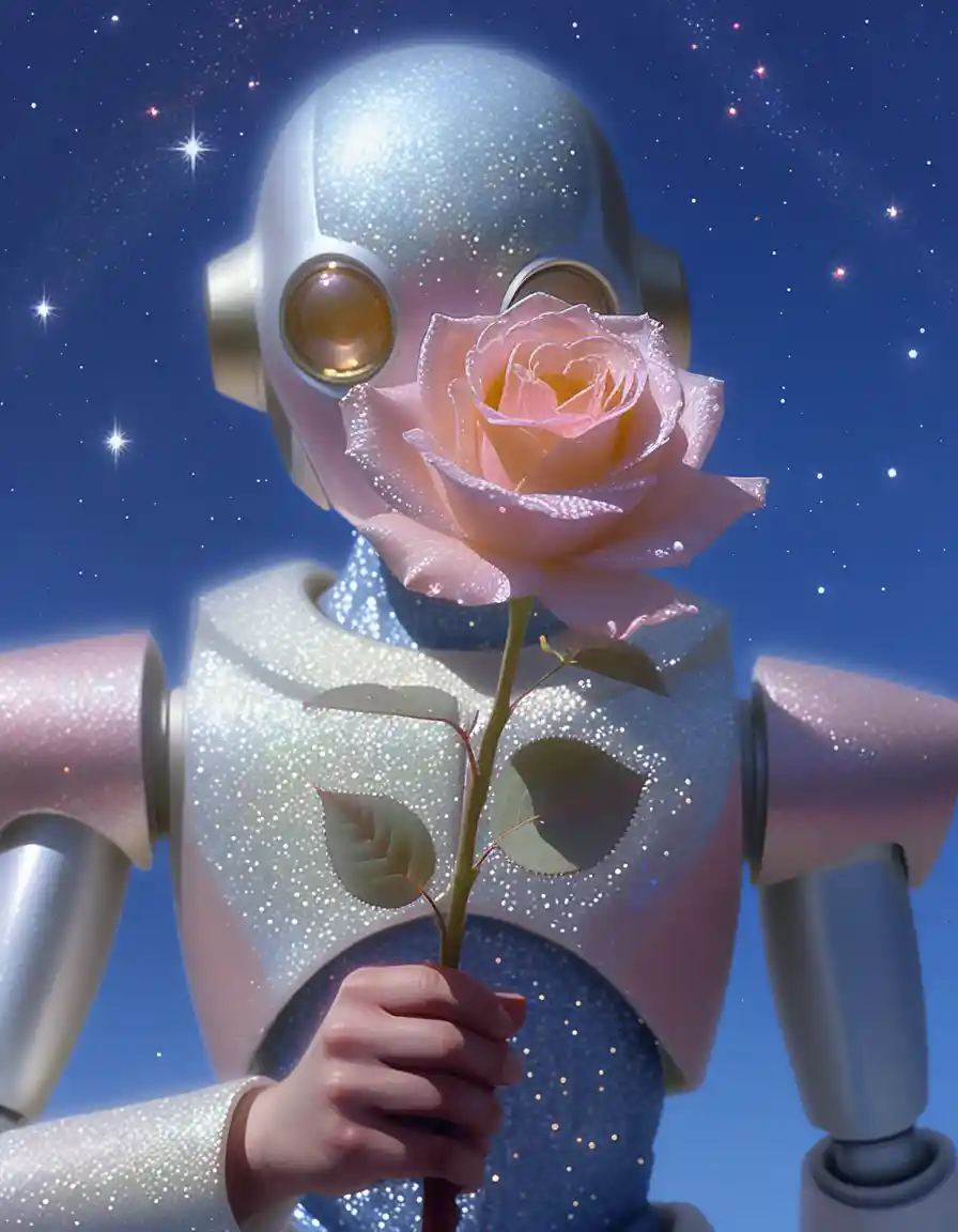 Medieval style close up painting of a robot with rose