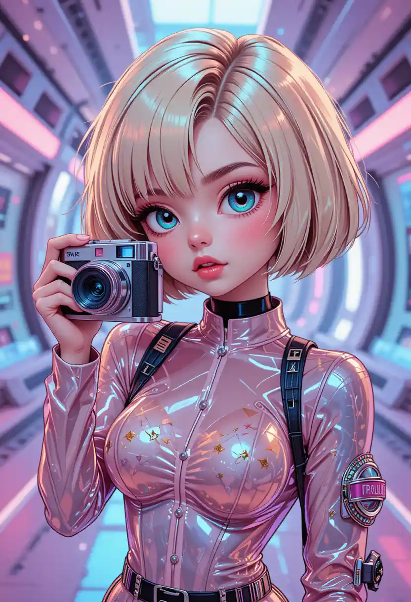 Anime girl taking a photo in a futuristic pastel city