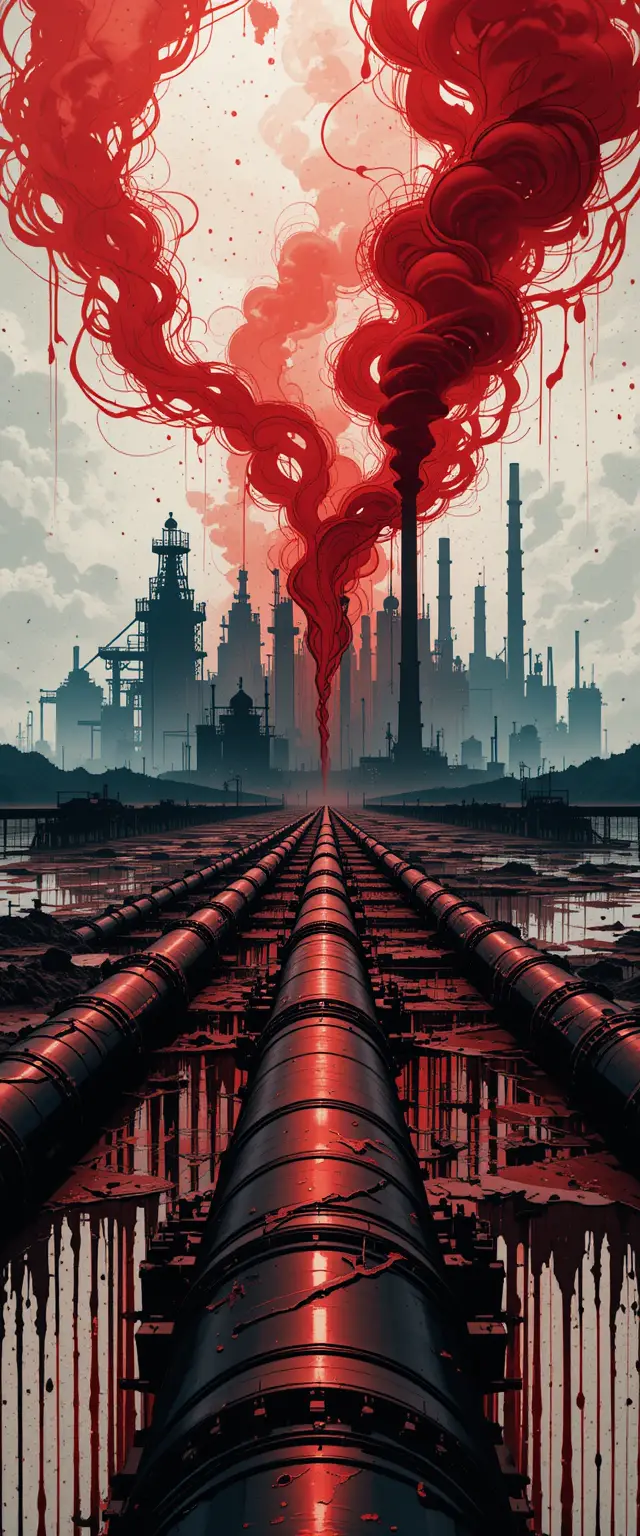 Silhouette Pipelines With Crimson Swirls And Water Reflections