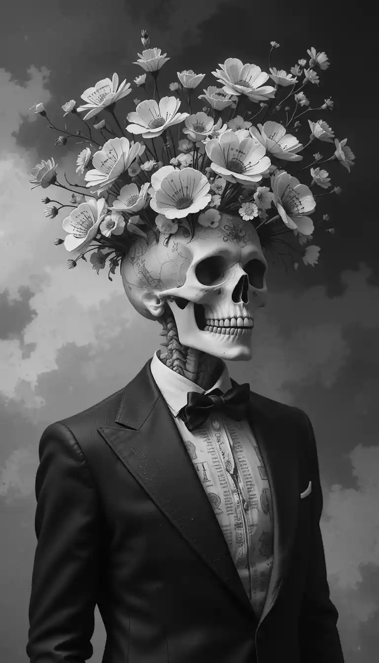 Surreal skeleton in suit with blooming calligraphy pages