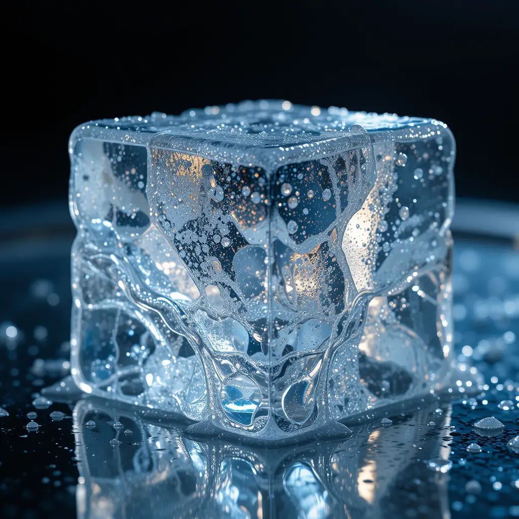Close up of a melting ice cube on metal surface