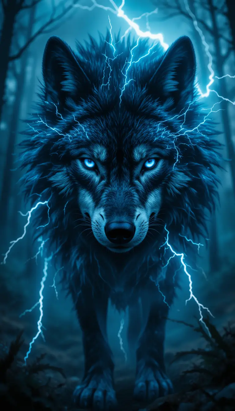 Close up wolf portrait with storm filled fur in forest