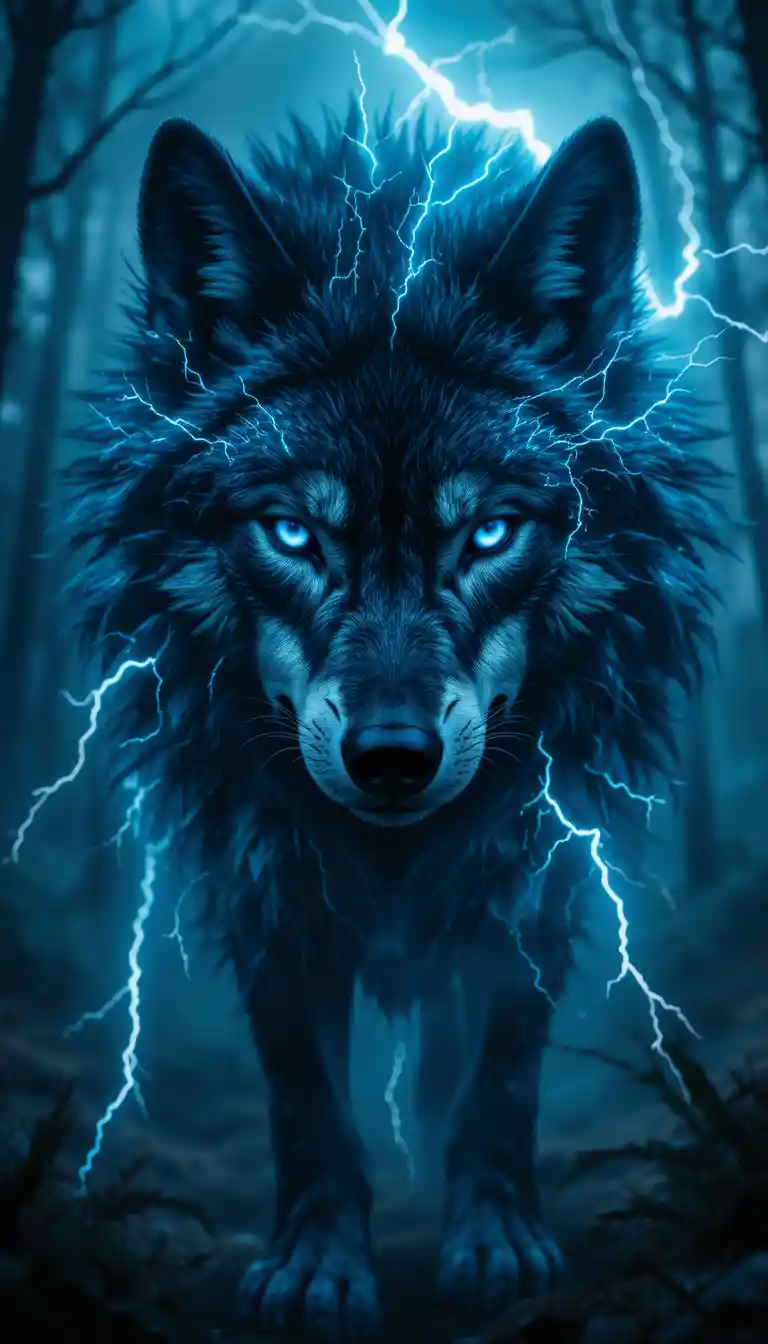 Close up wolf portrait with storm filled fur in forest