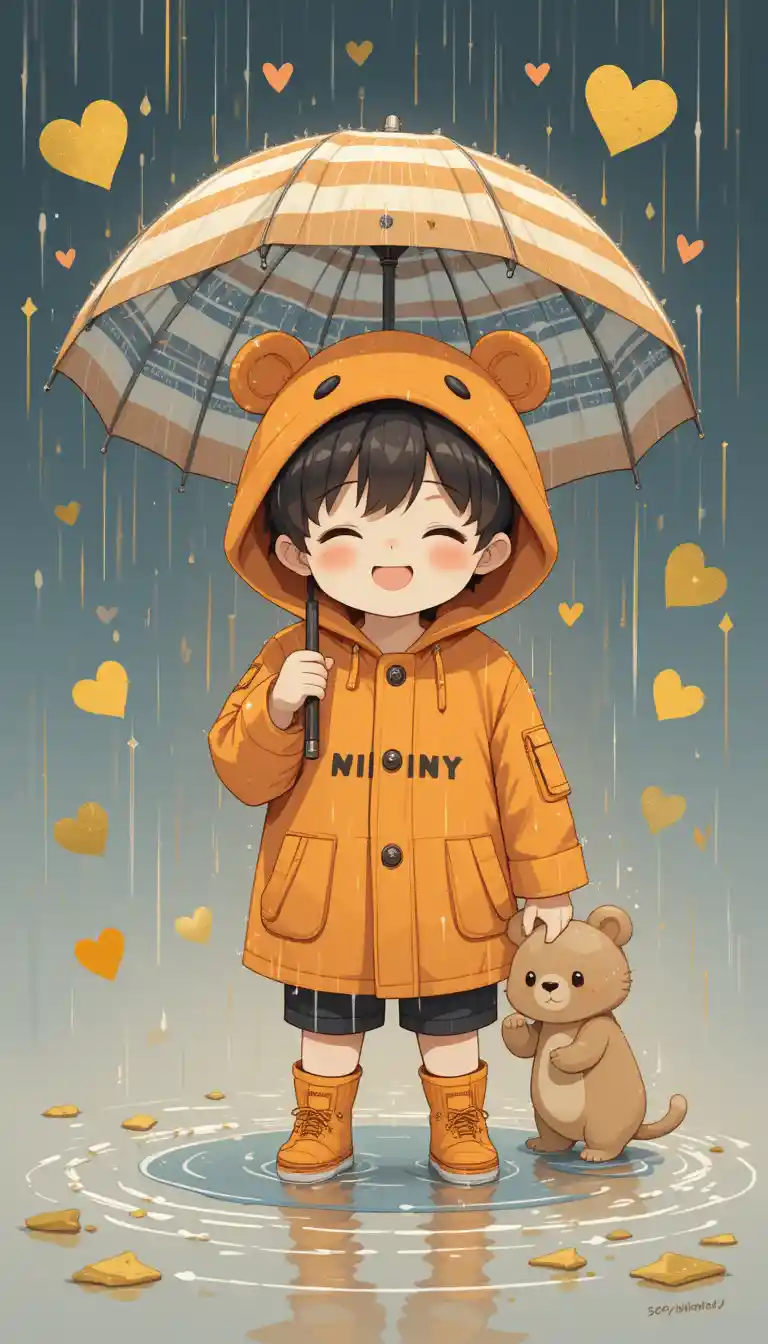 Anime boy in bear raincoat playing in rainy puddles
