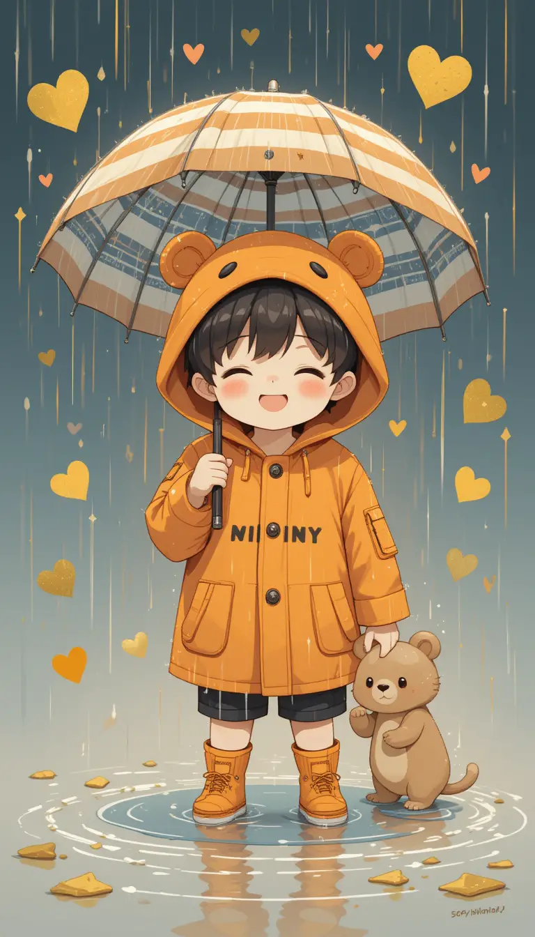 Anime boy in bear raincoat playing in rainy puddles
