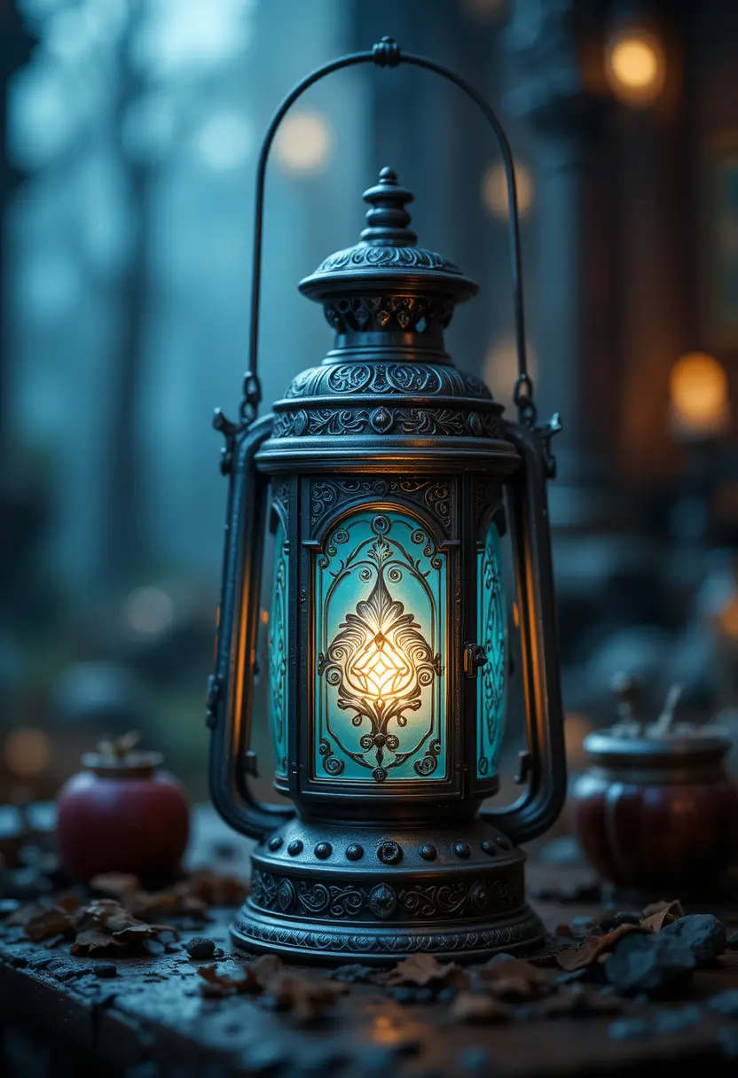 Old engraved lantern casting a warm glowing light