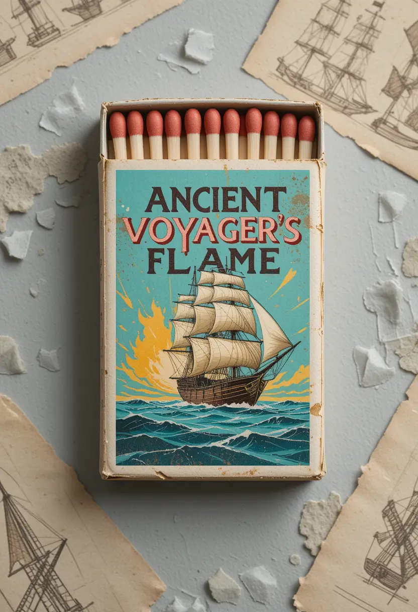 Vintage matchbox with sailing ship illustration on turquoise sea