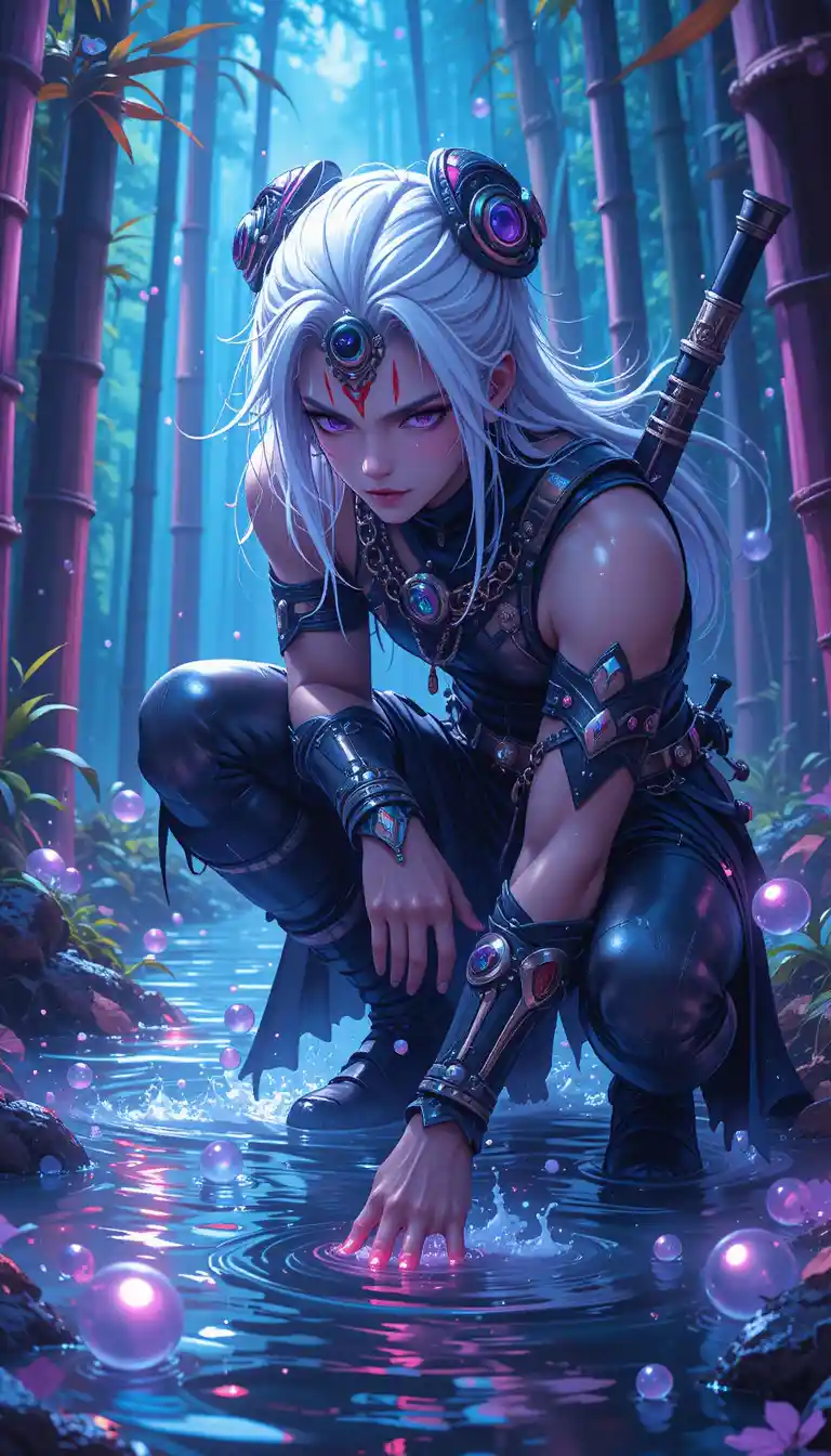 Anime-Krieger in geheimnisvollem Bambuswald in der Hocke