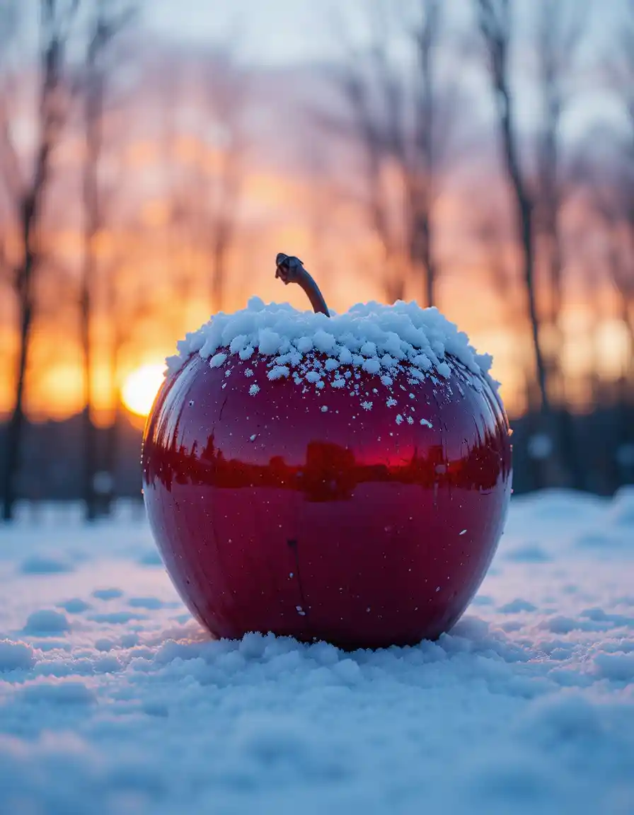 Red Apple In Snow Reflecting A Winter Sunset Landscape