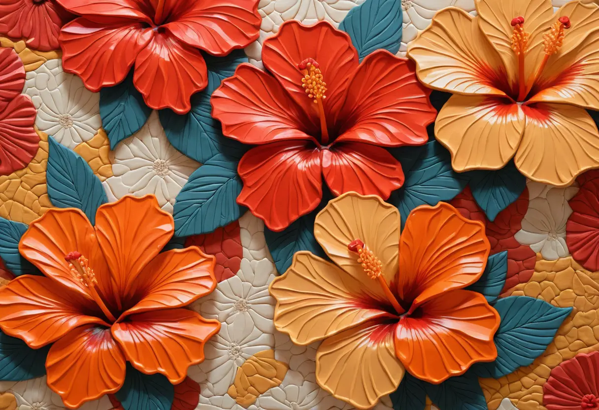 Impasto hibiscus flowers over retro patterned fabric collage