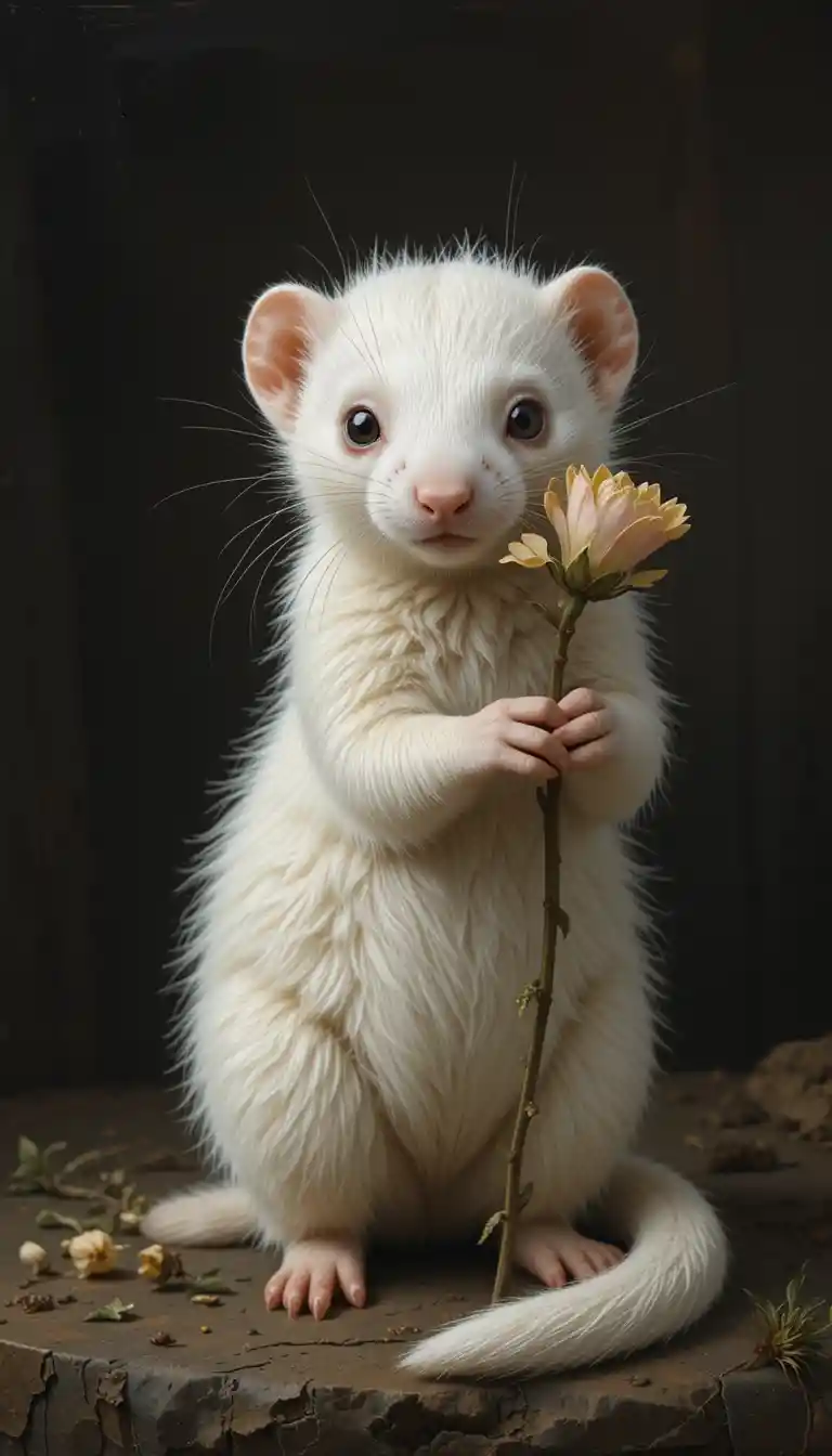 White stoat peeking around a flower in dark painting