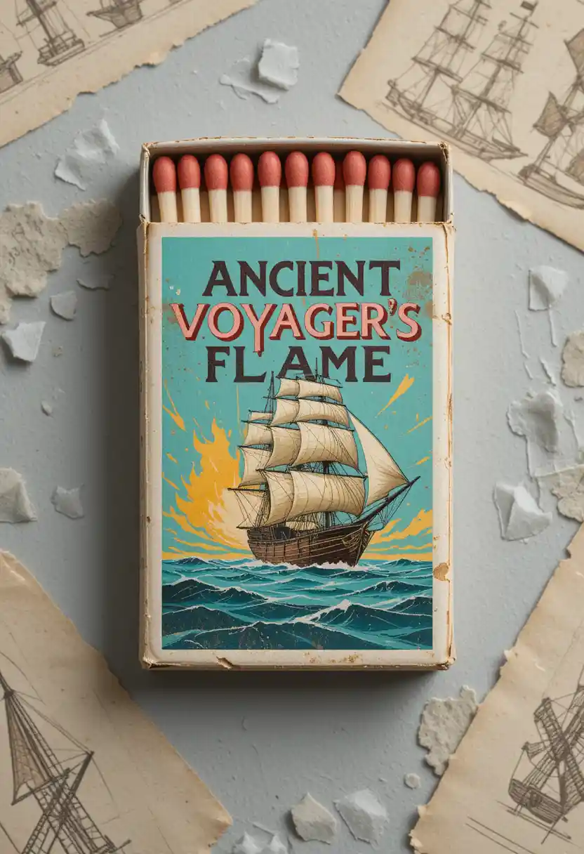 Vintage matchbox with sailing ship illustration on turquoise sea