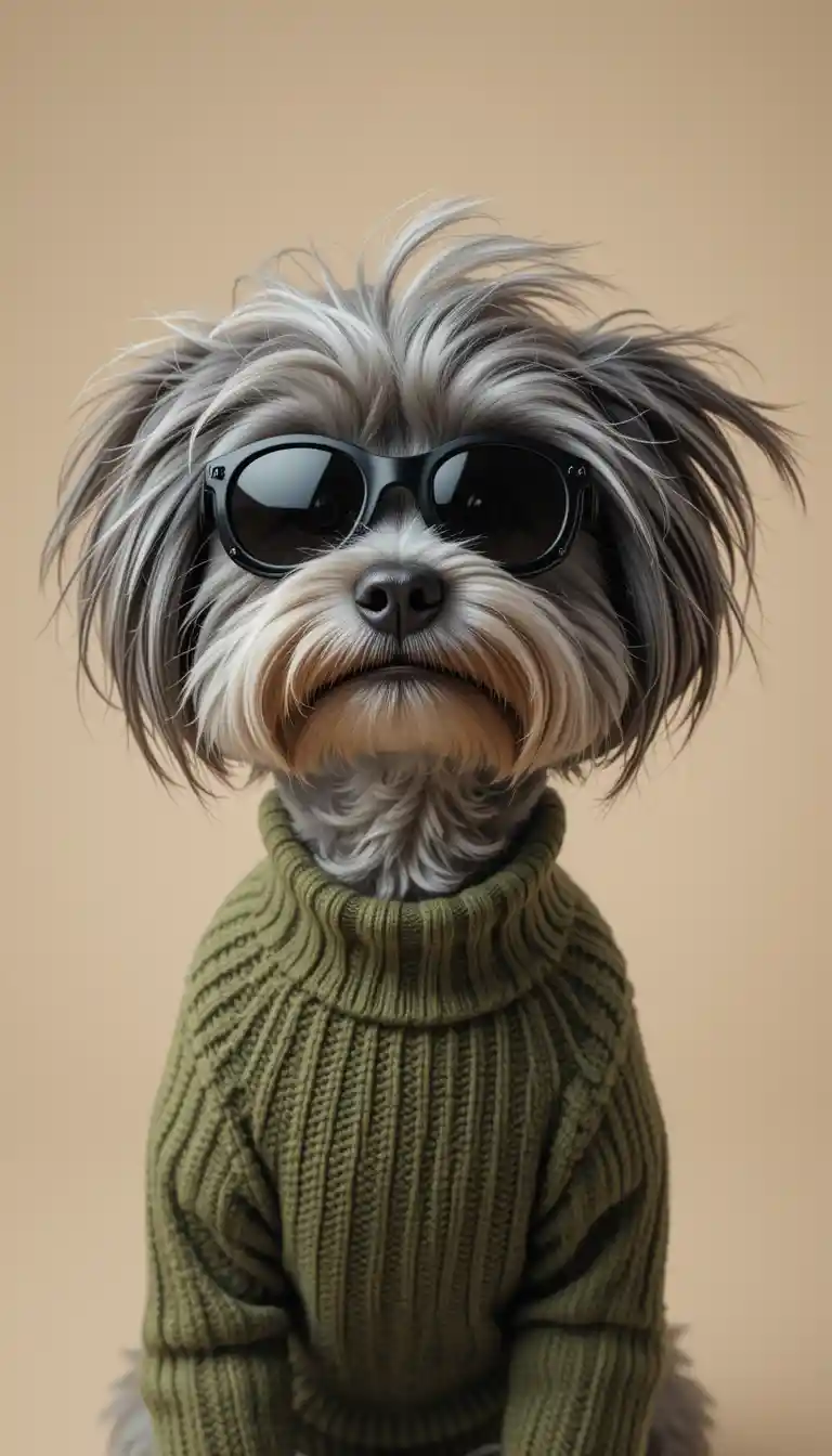Cute dog in goggles and green sweater on beige background