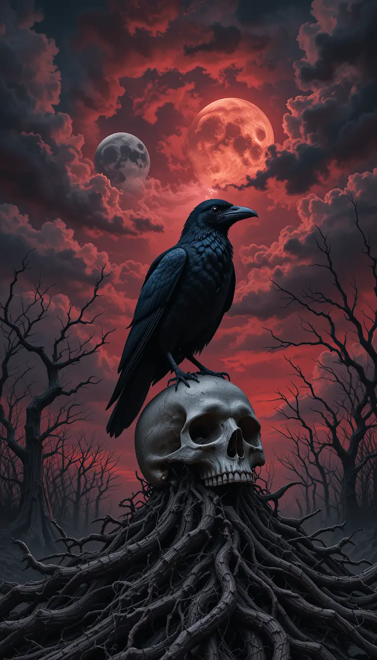 Raven On Skull Beneath A Red Stormy Sky