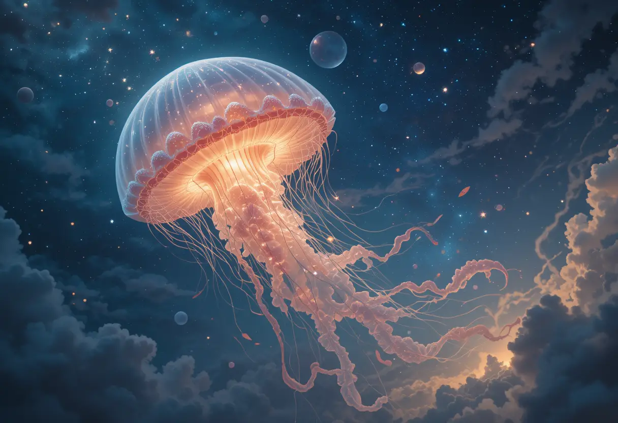 Giant glowing jellyfish drifting across a dreamy night sky