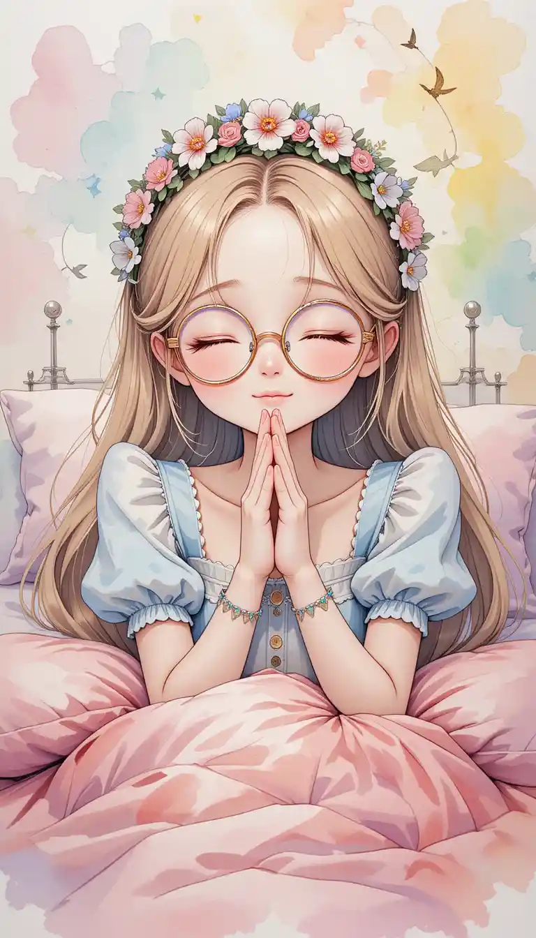Cute anime girl praying peacefully on her cozy bed