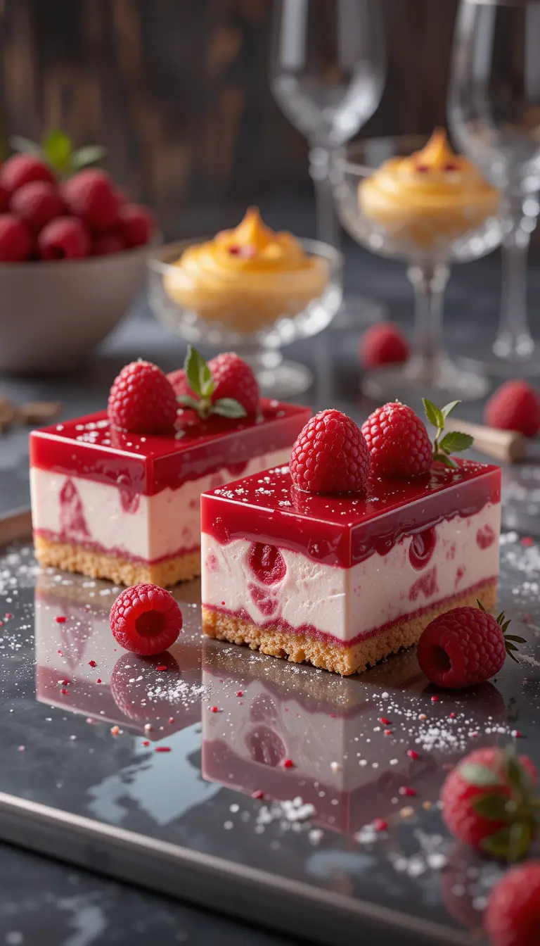 Raspberry Layered Desserts On Reflective Modern Surface