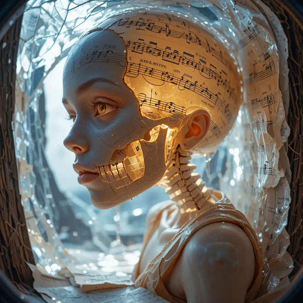 Surreal skeleton in suit with blooming calligraphy pages