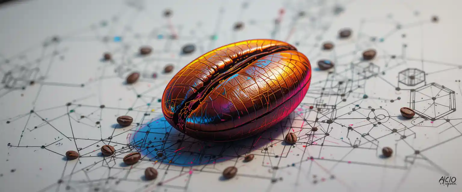 Colorful cyberpunk illustration of a single coffee bean