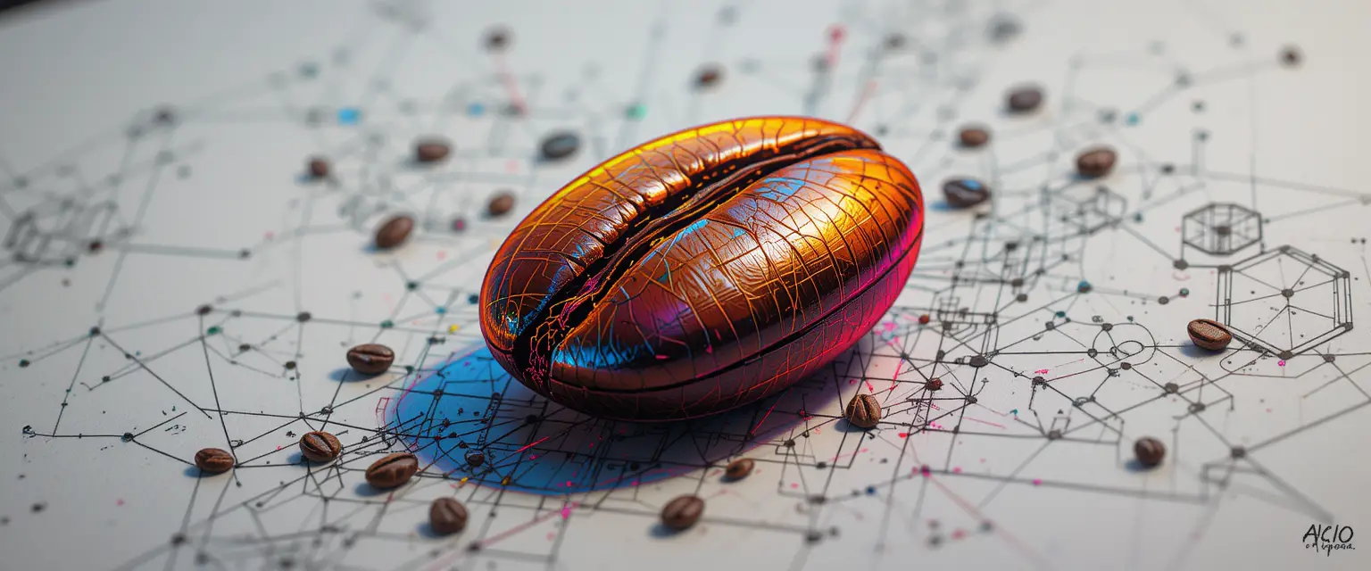 Colorful cyberpunk illustration of a single coffee bean