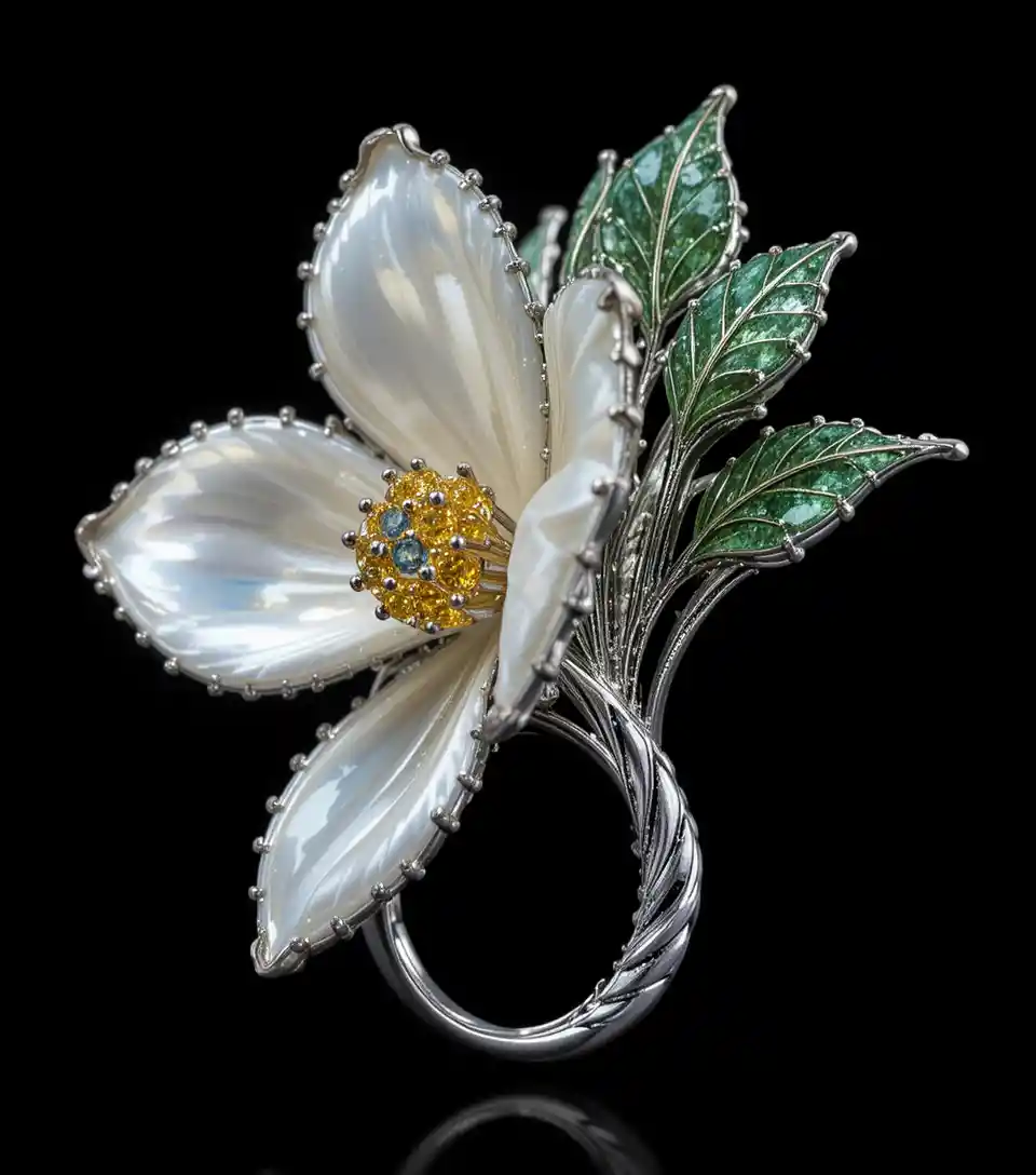 Boucle d’oreille edelweiss en platine et or blanc avec nacre