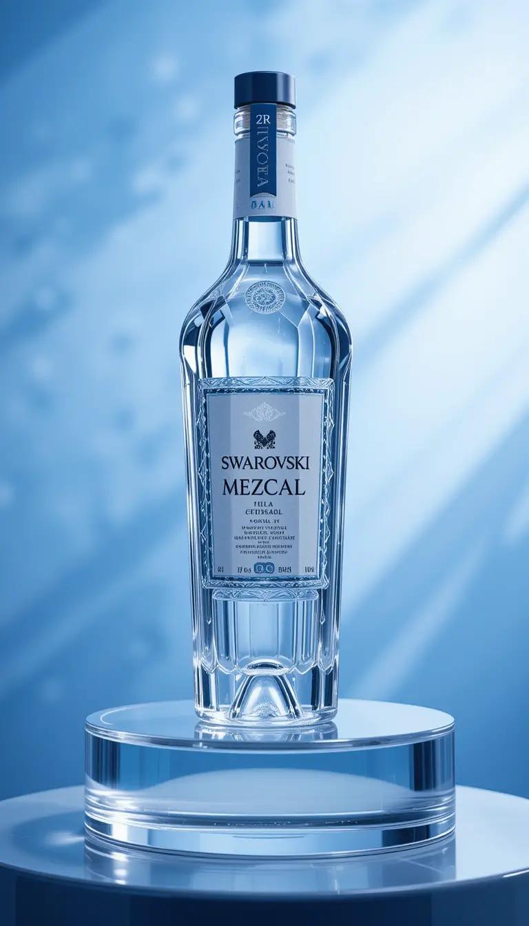 Elegant mezcal bottle on glass podium with blue background