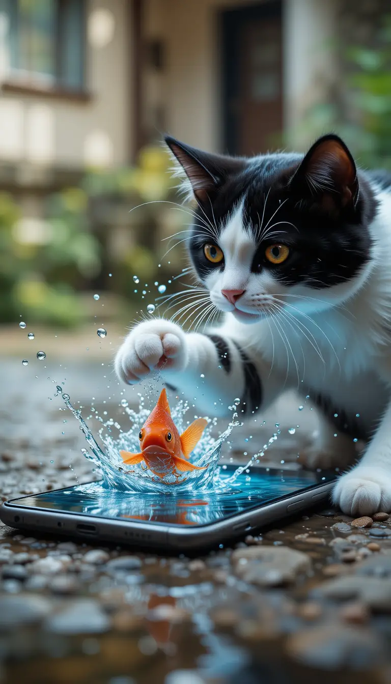 Cat watching a fish video on a smartphone screen